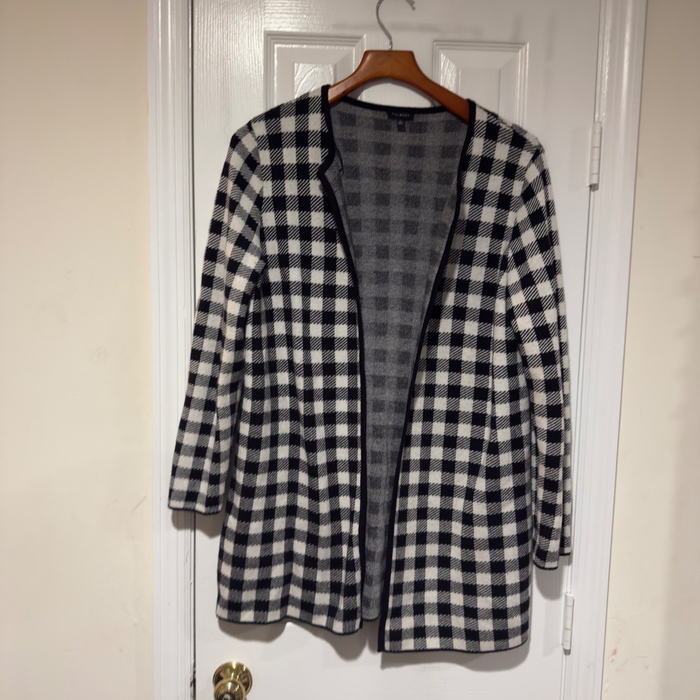 Talbots Black White Checkered Longline Cardigan‎ Women's L Wool Blend